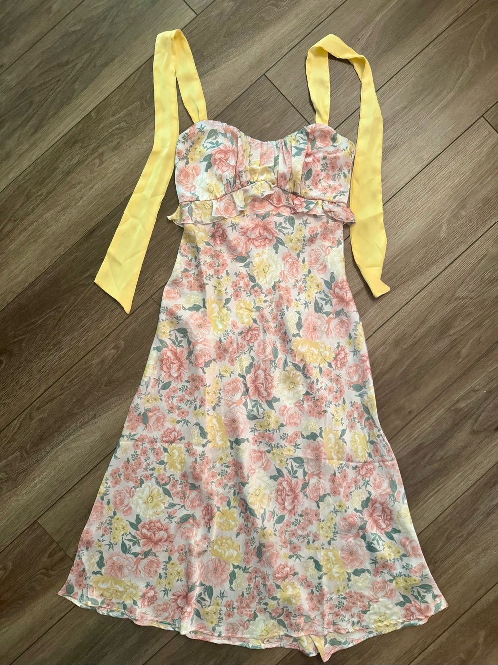 Francesca's Collections Yellow Pink Floral Midi Dress